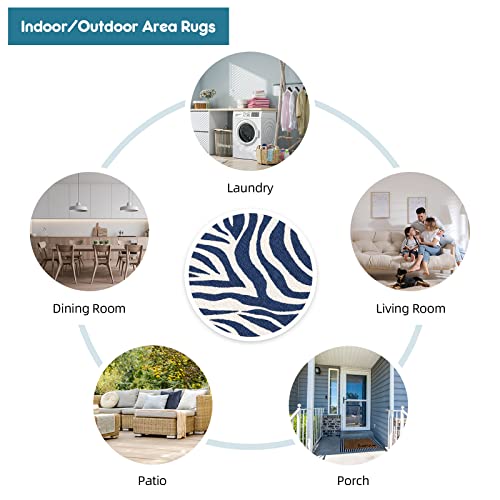 Dripex Indoor/Outdoor Area Rug, Non-Slip 5x7 Rugs Resist Dirt & Fade Patio Area Rug, Low-Profile Weather Resistant Living Room Carpet Blue Stripes Floor Mats for Home Entryway Porch Balcony Deck Yard