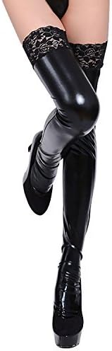 Cvictims Love Sexy Womens Black Lycra Wet Look Thigh High Stockings With Lace (Style 1)