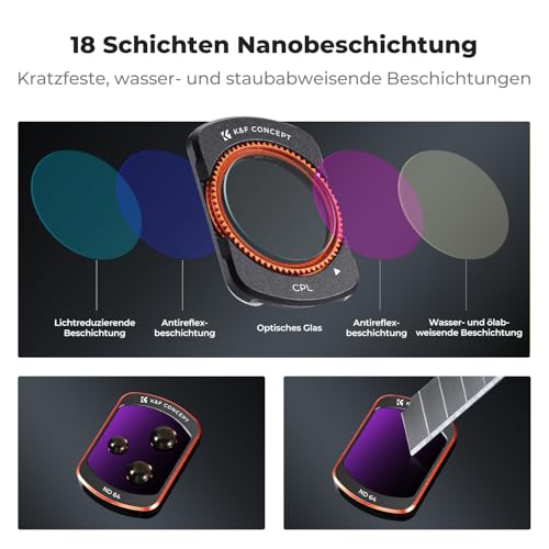 K&F CONCEPT FD161 Magnetic ND Filter Set, Compatible with DJI Osmo Pocket 3/4, Pack of 4, CPL Filter, ND16, ND64, ND512 Filter, Osmo Pocket 3 Accessories, Osmo Pocket 4 Accessories (Aluminium Frame)