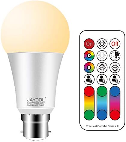 Jayool B22 Colour Changing Light Bulb with Remote Control, Dimmable RGB LED Light Bulbs 10W Bayonet, 120 Colours+ Warm White-4th Generation (1 Pack) [Energy Class A+]