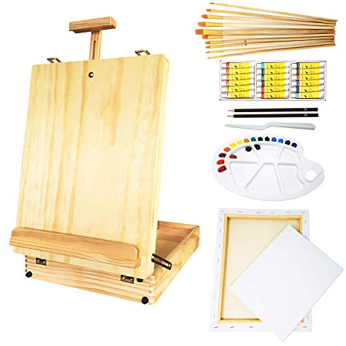 MILO 51 pc Complete Artist Painting Set with Tabletop Wood Easel Box, Stretched Canvas, 18 Acrylic Paint Colors, 10 pc Art Brush Set, and Painting Kit Accessories for Adults and Kids