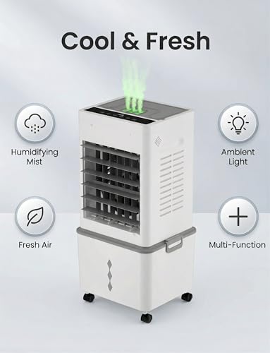 Grelife Evaporative Air Cooler with 10L(2.64 Gal) Large Tank,8 Speeds & 3 Wind Modes, 80° Oscillation,24H Timer,Remote Control,LED Display, Mist & Humidifier Function for Home Office Bedroom white