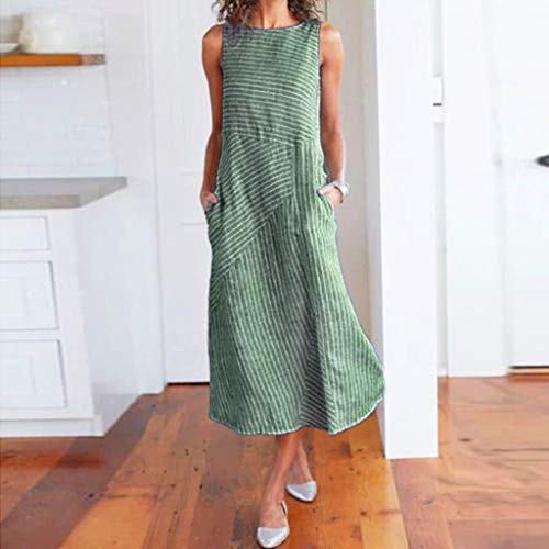 Women Cotton Linen Maxi Dress, Lady Stripe Loose Sleeveless Scoop Neck Flowy Casual Long Beach Dresses with Pockets (XX-Large, Green)