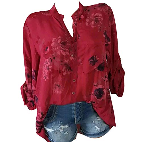 ANJUNIE Women Flower Printing Blouse with Pocket,Long Sleeves Notch Neck Tunic Top Shirt(Red,L)