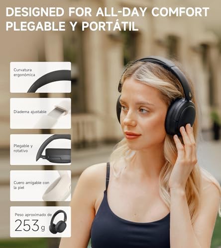 W800BT Pro Auriculares con Cancelación Activa del Ruido Híbridos, Bluetooth 5.4, Audio Hi-Res, Reducción del Ruido de Las Llamadas AI, 45 Horas de Autonomía, Carga Rápida, Plegable - Negro