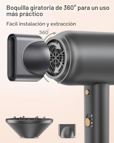 DEWILY 1800W Ionic Hair Dryer with Diffuser – Quick Drying with Hot/Cold Button, Thermostatic Diffuser, 3 Temperatures and 2 Speed, Includes Concentrator and for Curls, Black and Gold
