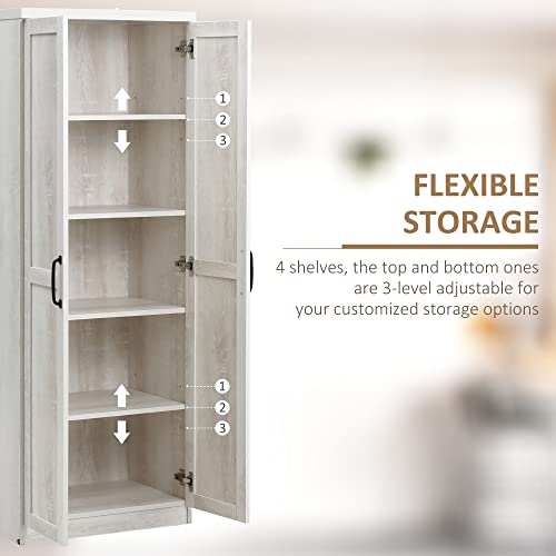 HOMCOM 63" Kitchen Pantry Cabinet with Shaker Doors, Modern Freestanding Tall Buffet Storage Cabinet with Adjustable Shelves, Distressed White