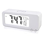 Digital Alarm Clock Rechargeable, Samshow Digital Clock with Temperature/Date/12/24h Display, Snooze/Sensor Nightlight, 2 Alarms a Week/3 Alarms a day (White)