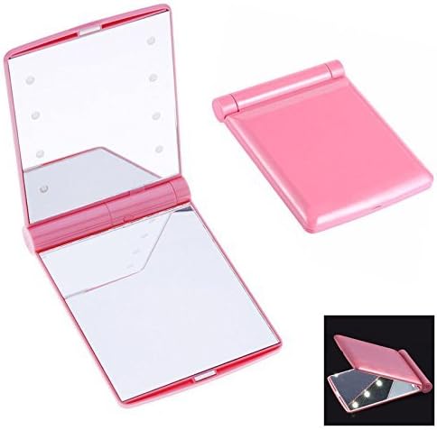 Travel Makeup Mirror, Seetwo LED Lighted Makeup Mirror Ultra-thin 8 Bright LED Lights Adjustable Brightness Portable Folding Compact Hand Cosmetic Makeup Pocket Mirror (Pink)