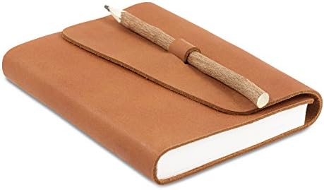 Leather Bound Writing Journal with Handmade Recycled Cotton Paper and Natural Stick Look Pencil, use as Notebook, Diary or Artist Sketchbook (5 x 7, TAN + PENCIL)