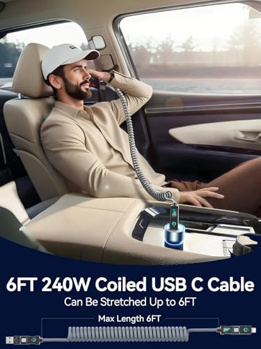 Haiteron 240W Coiled USB C Cable for Car,4 in 1 Charging Cable Fast Charging USB C to USB C Cable with LED Display Combo USB A/C to C/L for iPhone 16/15, iPad, MacBook,Tablets,6FT