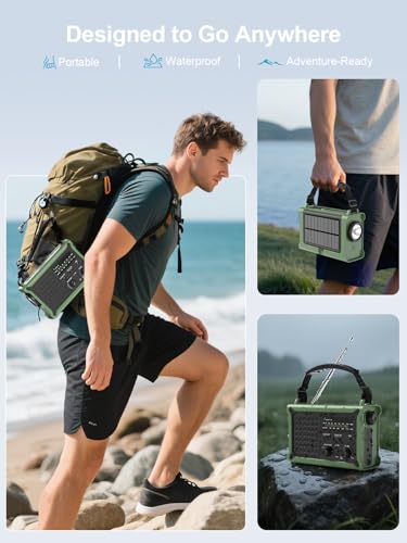 ROCAM Crank Radio, 12000 mAh Emergency Radio with 8500 mm² Solar Panel & 650 mA Crank, Portable Solar World Receiver Radio with AM/FM Reception, LED Torch & Reading Light, USB, SOS for Camping, Emergencies & Blackout