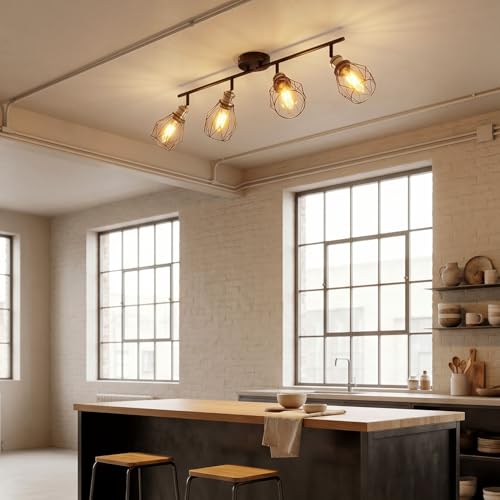 ANWIO Ceiling Lamp with 4 Bulbs, E27 Rotating Interior LED Spotlights, Black Ceiling Lamps, Wall Spotlight for Indoor Lighting for Bedroom, Hallway, Kitchen (No Bulb)