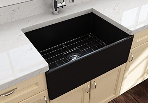 BOCCHIContempo Farmhouse Apron Front Fireclay 27 in. Single Bowl Kitchen Sink with Protective Bottom Grid and Strainer in Matte Black