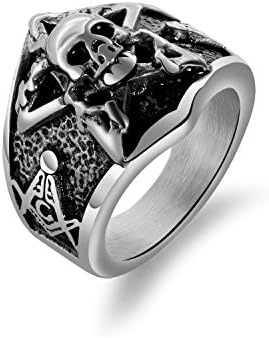 EZSONA Men's Masonic Skull Rings Stainless Steel Freemason Band 2 Colors