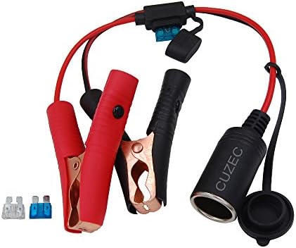 CUZEC 1ft / 0.31m 16 AWG Extension Cord Plug Socket with Battery Clamp 12V/ 24V Battery Clip-On and Cigarette Lighter Adapter