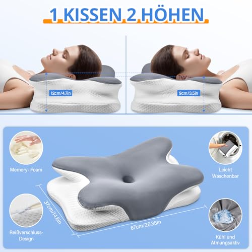 Ehomfory Neck Pillow, Neck Support Pillow, Memory Foam Pillow, Ergonomic Side Sleeper Pillow for Sides, Back and Stomach Sleepers, 67 x 37 x 9/12 cm