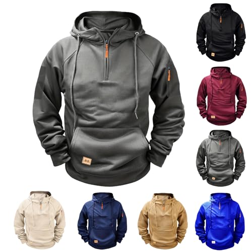 Men's Hoodies Half Zip Hooded Sweatshirts Solid Casual Long Sleeve Pullover with Drawstring Winter Soft Comfort Workwear Top Grey