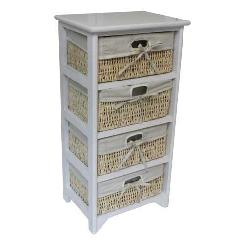 Home In Style Wooden 4 Drawer Wicker White Storage Unit Cabinet