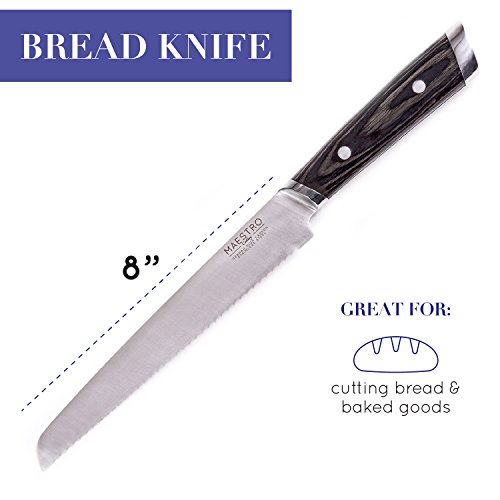Maestro Cutlery Volken Series German High Carbon Stainless Steel 8" Inch Professional Serrated Bread Knife Slicer with Black Wood Handle