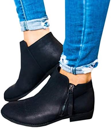 Ruanyu Womens Fall Ankle Boots Round Toe Low Stacked Heel Side Zipper Western Booties