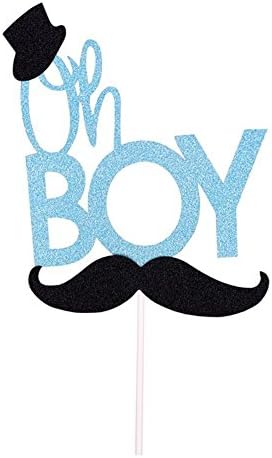 Glitter Blue Oh BOY Cake Topper with Mustache Hat Birthday Party Baby Shower Gender Reveal Cupcake Decoration