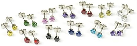 Niche Finds Stainless Steel 316L 12 Pairs of 4mm Stud CZ Earrings in 12 Different Colors SUPER SET