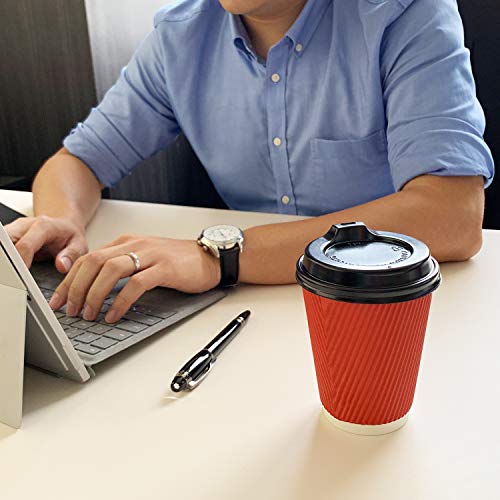 12oz Paper Coffee Cups With Lids and Straws, 100 Pcs Bulex Disposable To Go Coffee Cups Red Paper Cups for Hot Beverages - Thumbnail 7