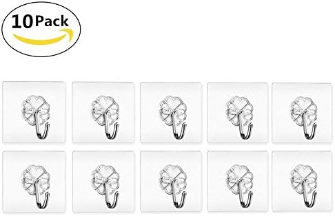 ATECKING Strong Adhesive Hooks-10-Hooks, 13.2lb/6kg(Max) Nail Free Transparent Wall Hooks for Towel Loofah Bathrobe Clothes-No Scratch, Waterproof and Oilproof