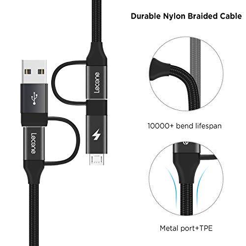 4 in 1 Multi USB Charging Cable with Data Transfer, Lecone 1.2m/ 4FT Nylon Braided Cord Charger Adapter with USB C x2/Micro USB/USB Ports for Android and Type C Devices[Black] - Thumbnail 3