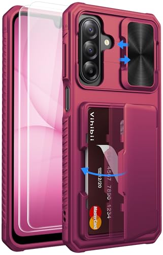 Vihibii for Samsung Galaxy A17 5G Phone Case with Card Holder (4 Cards) & HD Screen Protector & Slide Lens Cover, Military Grade Drop Protection, Heavy Duty Wallet Case for Galaxy A17 5G, Light Red