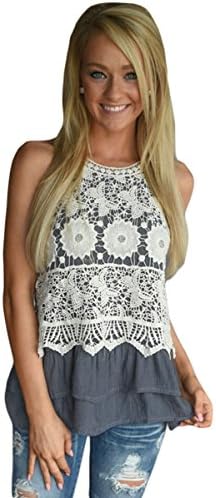 Womens Floral Lace Crochet Ruffle Layered Crochet Tank Top Vest Sleeveless Tank