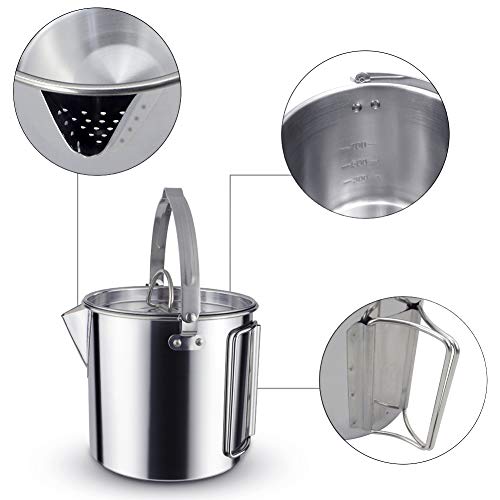AITREASURE Camping Tea Kettle Stainless Steel Hiking Pot Portable 1.2L Coffee Pot with Handles and with Lids for Camping Hiking Picnic