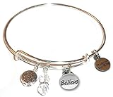 Message Charm (Choose Message) Expandable Wire Bangle Bracelet, in the Alex and Ani Style (Believe)