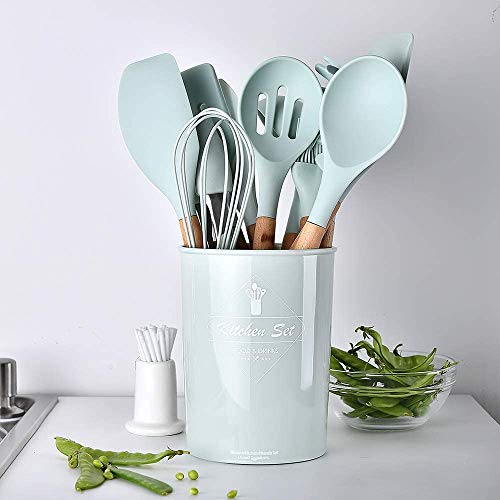 Silicone Cooking Utensils Set by EVULAN – 12 Pieces Natural Wooden Handles Kitchen Cooking Tools with Spatulas for Non Stick Cookware – Silicone Kitchen Utensil Set and Heat Resistant Spatulas