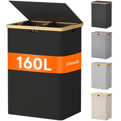 Lifewit 160L Bambus Wäschekorb mit Deckel, Faltbar Wäschesammler 2 Fächer Wäschesortierer mit Abnehmbarem Wäschesack Bambus Griffen Wäschebox Laundry
