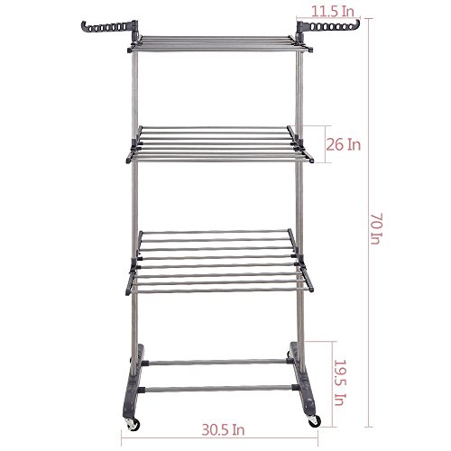 Rackarster Collapsible Rolling Drying Rack,3Tier Clothes Laundry Rack