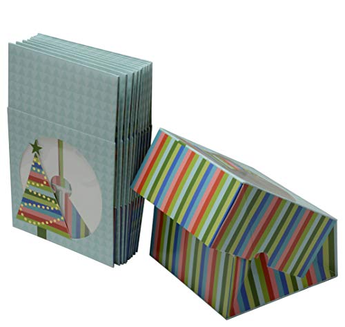 Christmas Cookie Gift Boxes Doughnut & Cake Bakery Box with Window 6 Inch, Blue with Colorful Stripes and Gold Foil Hot Stamp for Gift Giving on Holiday and Party Favors (Set of 12)