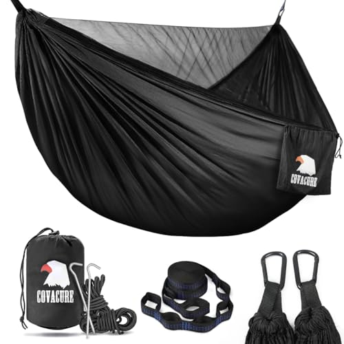 COVACURE Camping Hammock with Mosquito Net, Ultralight 210T Parachute Nylon with Two 10FT Tree Straps for Outdoor Camping Accessories