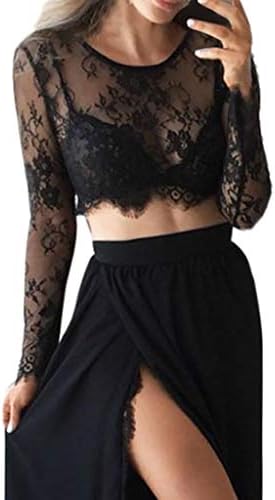 memefood Women Sexy Floral Lace Mesh Crop Tops Sheer Long Sleeve See Through Blouse Shirts
