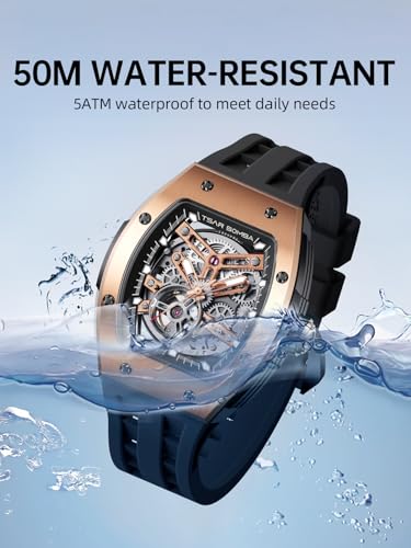 TSAR BOMBA Men's Automatic Watch Skeleton Watch Luxury Barrel Mechanical Watch 50m Waterproof Analog Watch