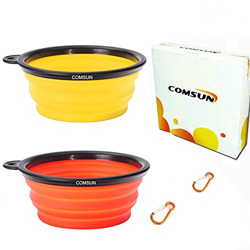 COMSUN 2-Pack Collapsible Dog Bowl, Food Grade Silicone BPA Free, Foldable Expandable Cup Dish for Pet Cat Food Water Feeding Portable Travel Bowl Orange and Yellow Free Carabiner