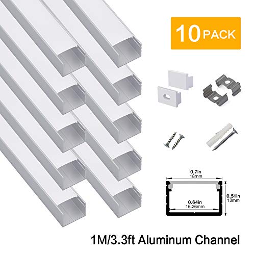 hunhun 10-Pack 3.3ft/1Meter Plus-Size U Shape LED Aluminum Channel System with Milky Cover, End Caps and Mounting Clips, Aluminum Profile for LED Strip Light, Special for Philips Hue Strip