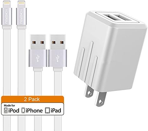 iPhone Charger, YOKERSU Dual Port Travel Power Adapter Fast Charging Portable Home Travel Wall Charger with 3FT [2-PACK] Lightning Cable Charging Cord for iPhone 7/ 6S Plus / 5S/ iPad (White)