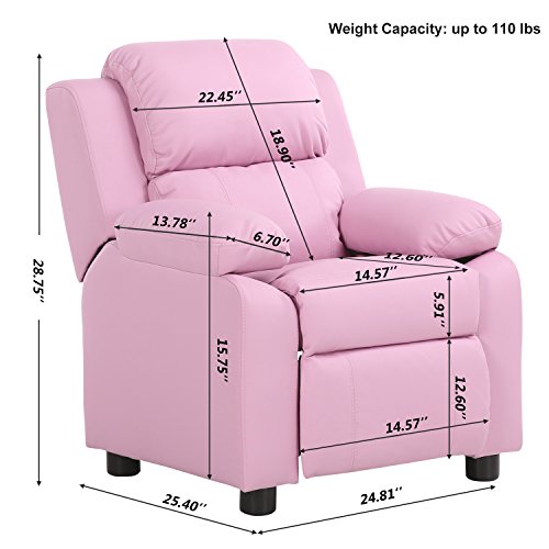 LCH Contemporary PU Leather Kids Recliner with Deluxe Padded Backrest and Flip-up Storage Arms, Mini Little Small Recliner Sofa Chair for Baby Toddler Boys Girls Childrens - Light Pink
