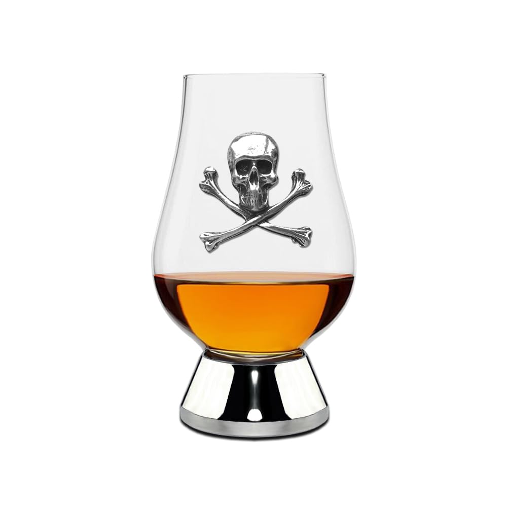 English Pewter Company Wee Glencairn Whisky Glass 70ml with Pewter Skull & Cross Bones and Base [WGP042]