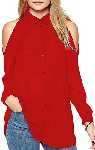 JadeRich Women's Solid Lapel Button Off Shoulder Sleeve Blouse