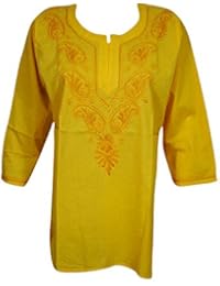 Womens Tunic Top Cotton Chikan Floral Embroidered Bohemian India Kurta S