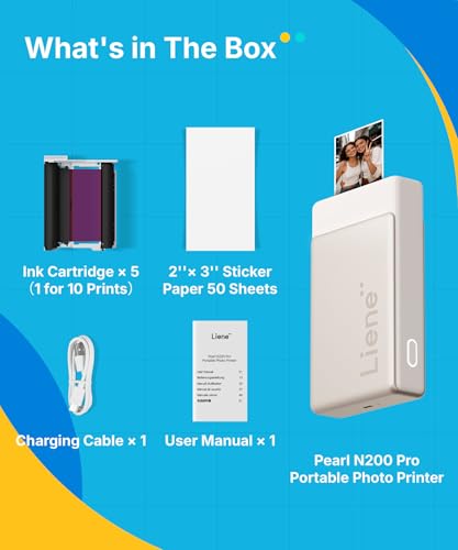 Liene Pearl N200 Pro Portable AI Photo Printer, Instant Mini Picture Printer for iPhone Smartphone, Thermal Dye Sublimation, Bluetooth Sticker Maker 50 Sheets 2x3 Adhesive Paper & 5 Cartridges, Gold