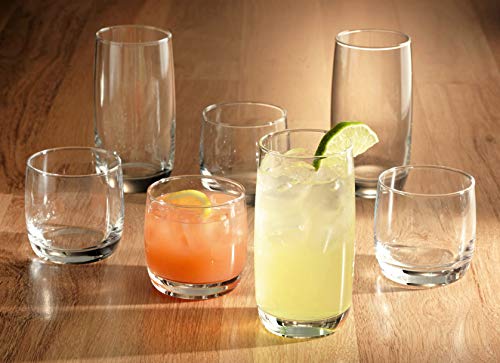 Set of 16 Drinking Glasses, Heavy Base Durable Glass Cups - 8 Highball Glasses (17 oz) and 8 Rocks Glasses (14 oz), 16-piece Glassware Set